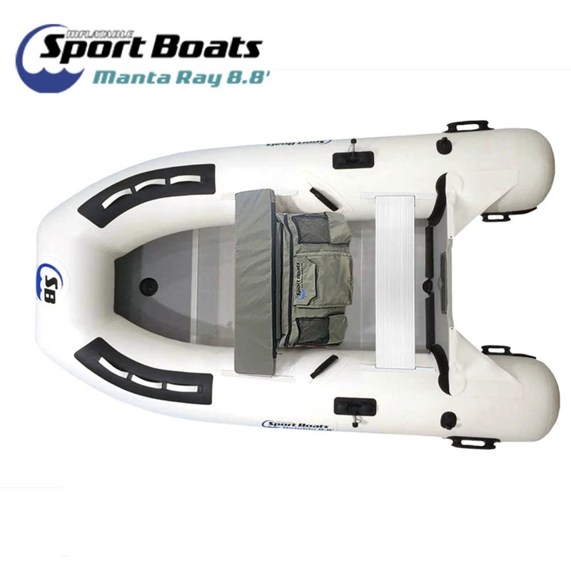 White inflatable boat with gray interior on a white background, featuring Sport Boats branding.