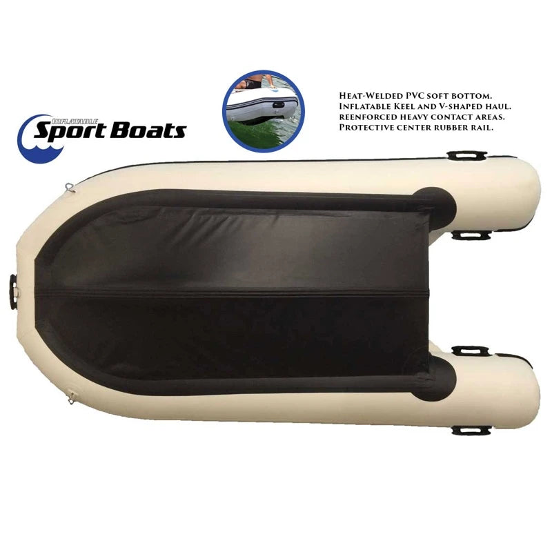 Inflatable boat, underside view, with white exterior and black reinforced bottom. Featuring the Inflatable Sport Boats logo.