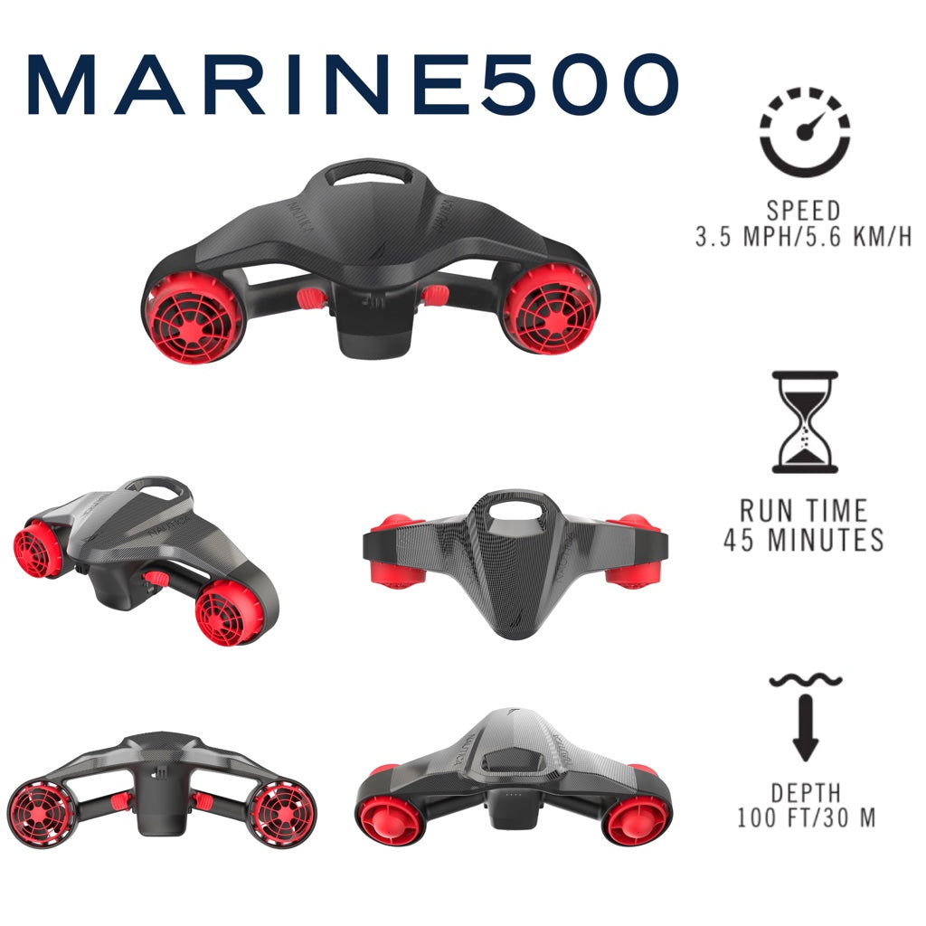 Nautica Marine 500 sea scooter shown from multiple angels and highlighting the 3.5mph top speed, 45 minute runtime, and 100ft depth rating.