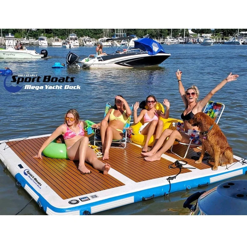 People on an inflatable mega yacht dock with a dog, surrounded by water and boats.