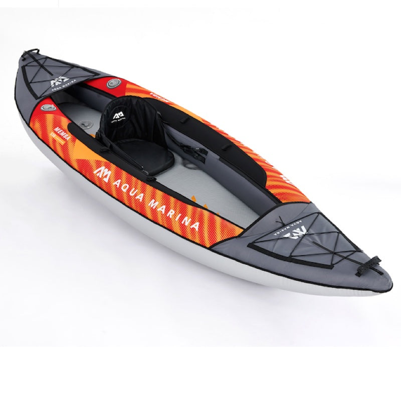 Inflatable kayak with orange and gray design on a white background
