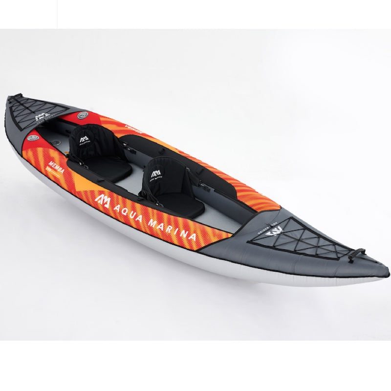 Orange and gray 2 person inflatable kayak with 'Aqua Marina' branding on a white background