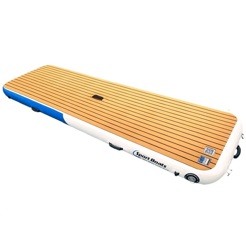 Inflatable dock with tan, non-slip EVA texture and blue and white border on a white background