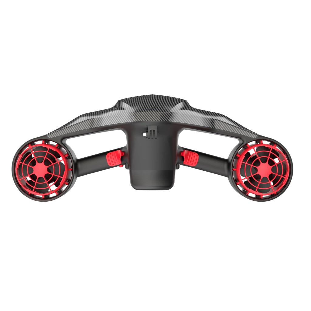 Nautica Marine 500 Carbon Seascooter is displayed from the operators view showing it&#39;s Grey and Black frame with red fans.