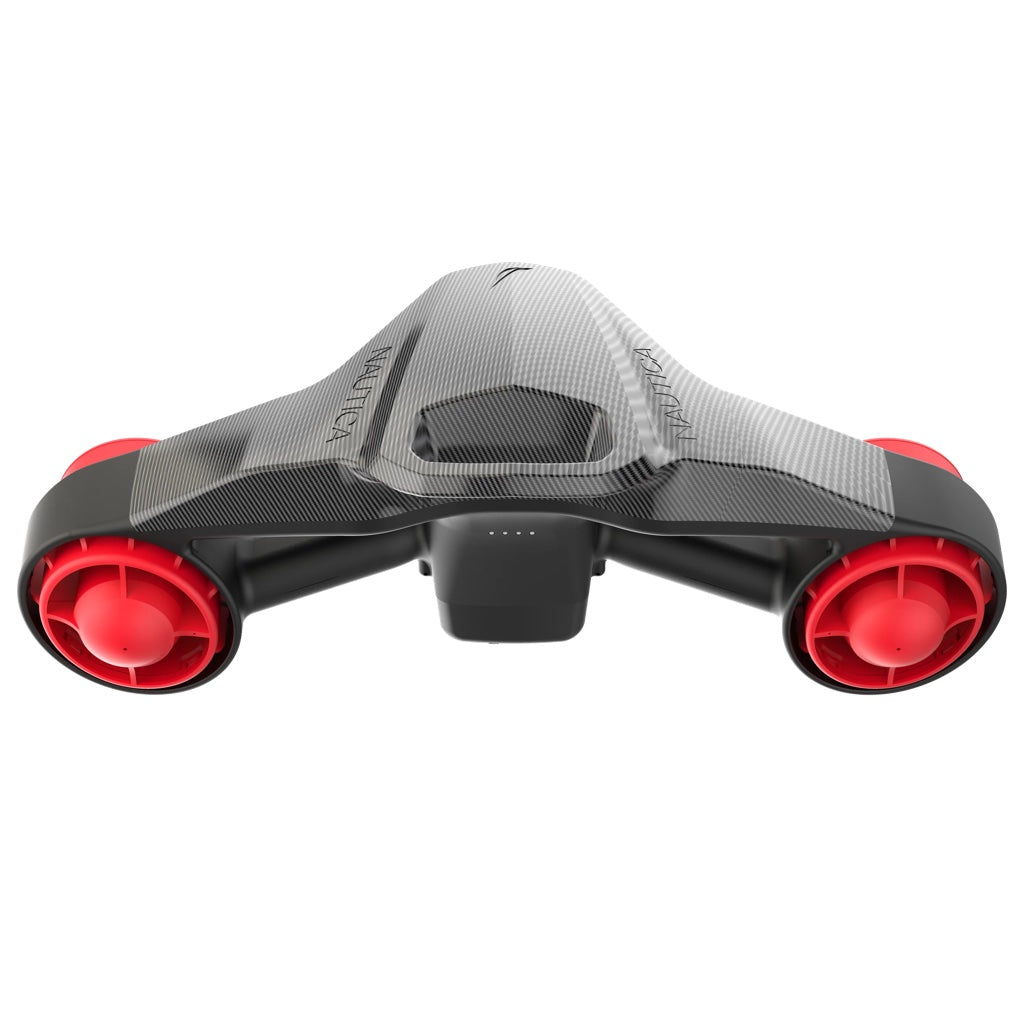 Nautica Marine 500 Carbon Seascooter is displayed showing it's Grey and Black frame with red fans.