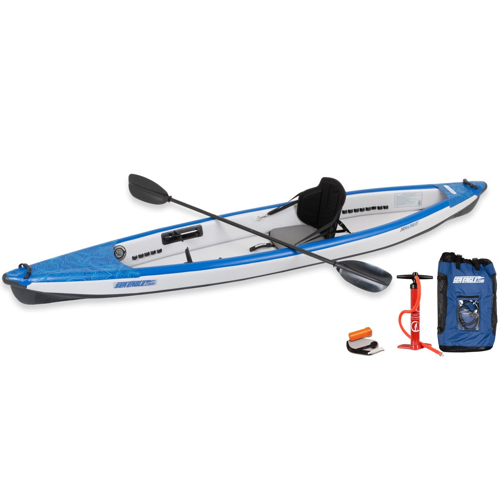The all new Sea Eagle 393rl Razorlite Pro Carbon Solo Package is shown with paddle with black and silver blades. Also shows hand pump, repair kit, and carry bag.
