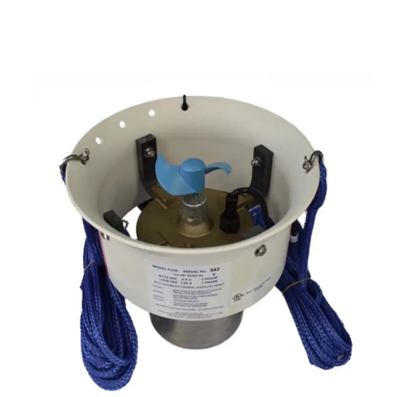 The Power House P250 Ice Eater - 1/4 Hp. Blue ropes attached to the unit on either side. A small blue propeller is visible inside the shroud.