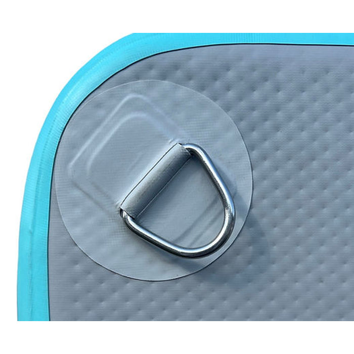 The Aqua variation of Paradise Pad 6&#39;x13&#39; Inflatable Water Mat with a closeup shot of the D-ring.