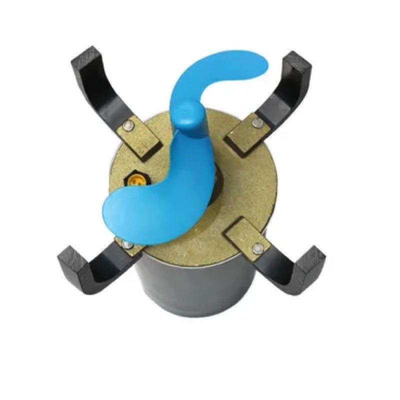 P1000 Ice Eater replacement motor. Metal Cylinder with a blue propellor on top. 4 brackets attached to the top.