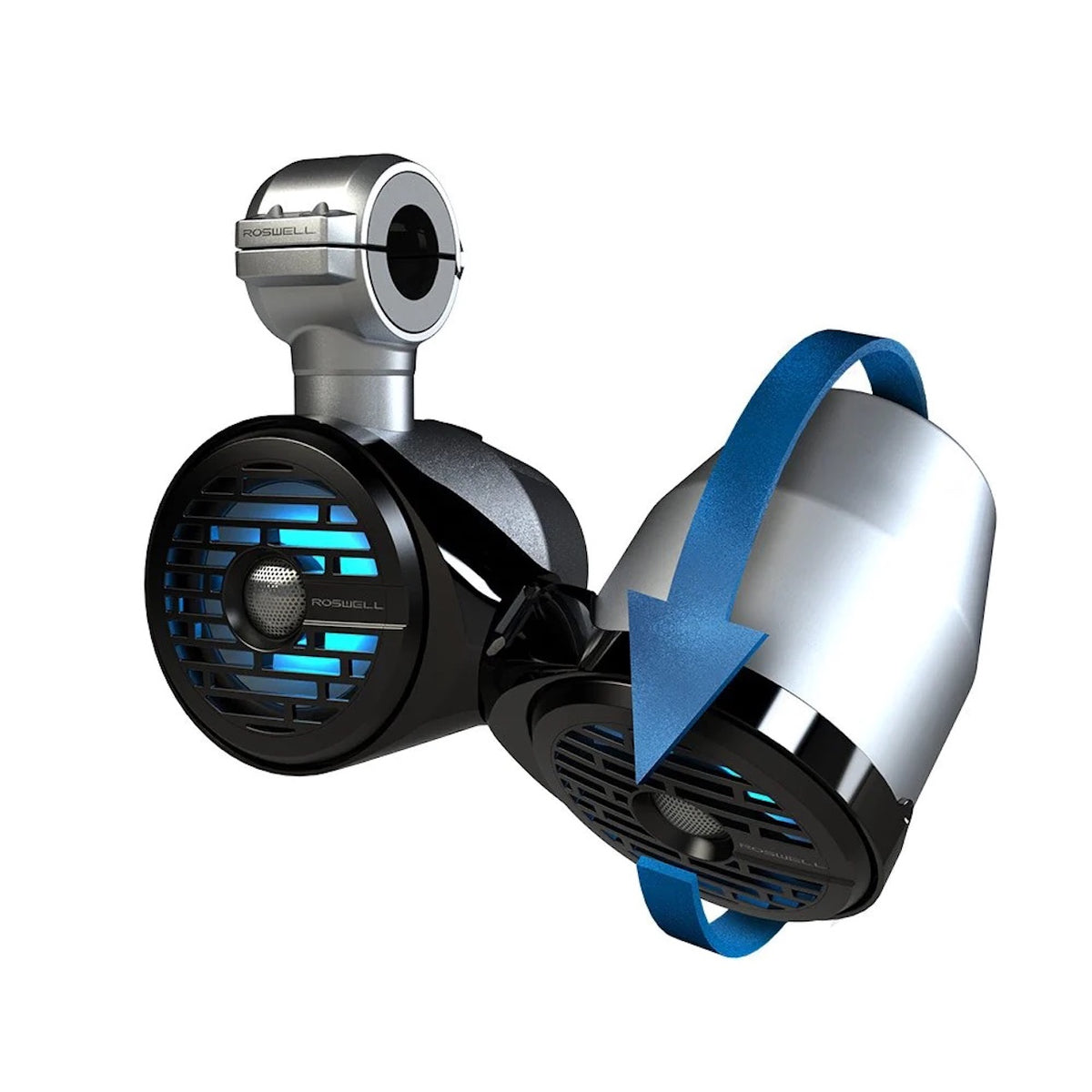 Roswell R1 6.5&quot; x 6.5&quot; Vamp Spin Tower Speaker. Silver with black frame, light blue background light.