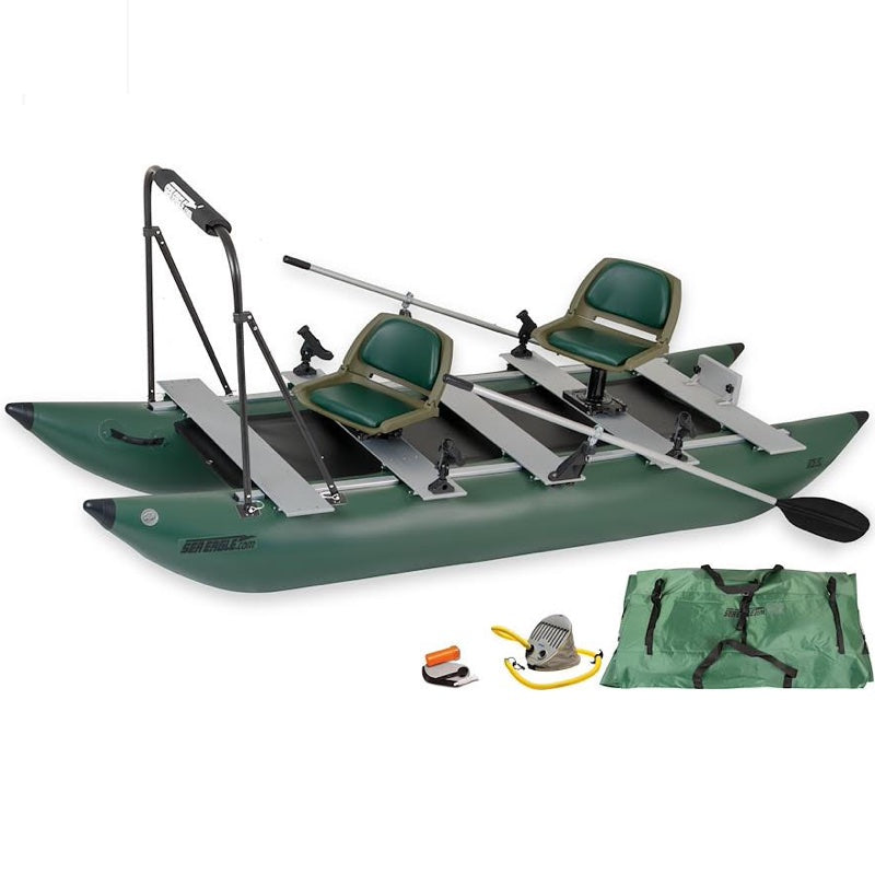 2 person Inflatable fishing boat with seats, oars, and accessories on a white background