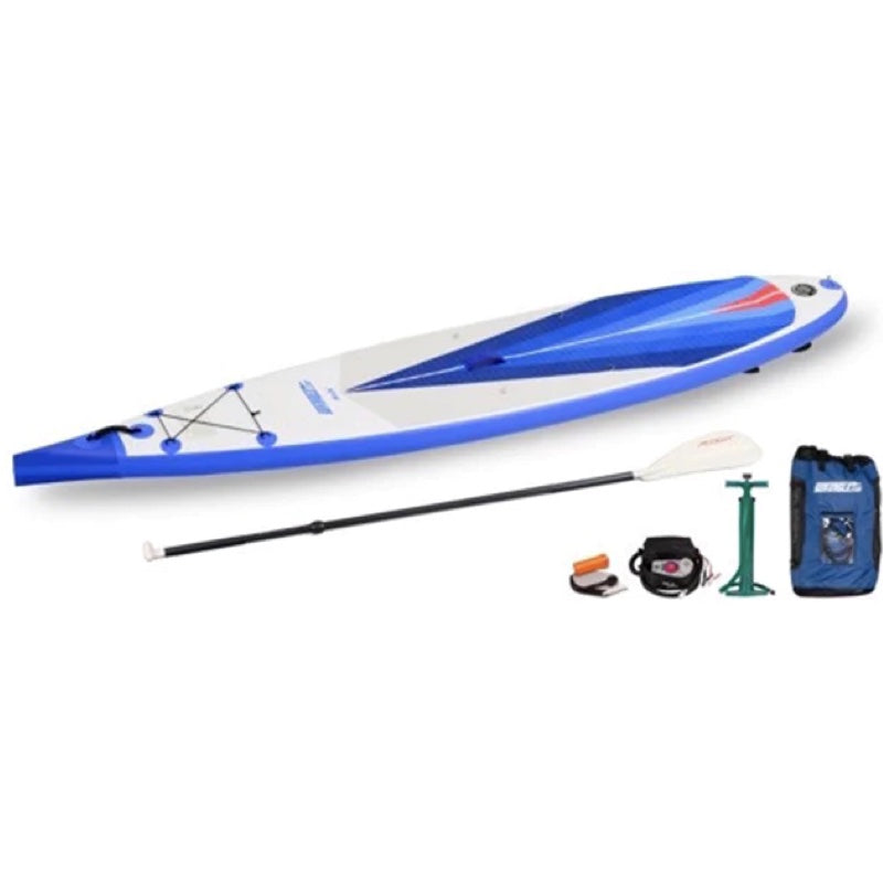 Sea Eagle NeedleNose 126 Inflatable paddle board top display view with the bag and pump sitting next to the SUP.