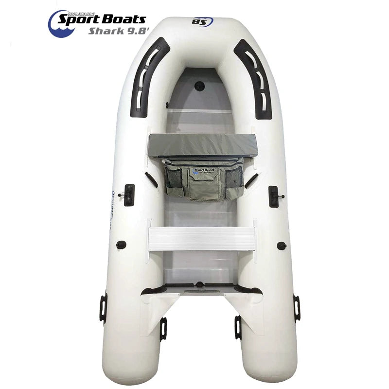 Inflatable boat with a white exterior and gray interior on a white background, featuring 'Sport Boats' branding.
