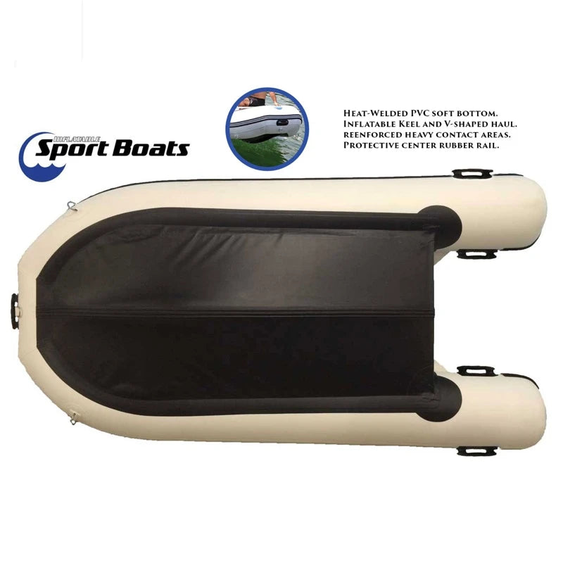 The bottom of an Inflatable boat with black reinforcement, featuring Inflatable Sport Boats branding.