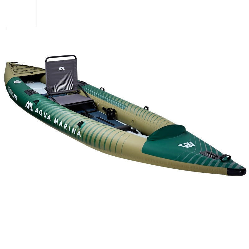 Inflatable fishing kayak with Aqua Marina branding on a white background
