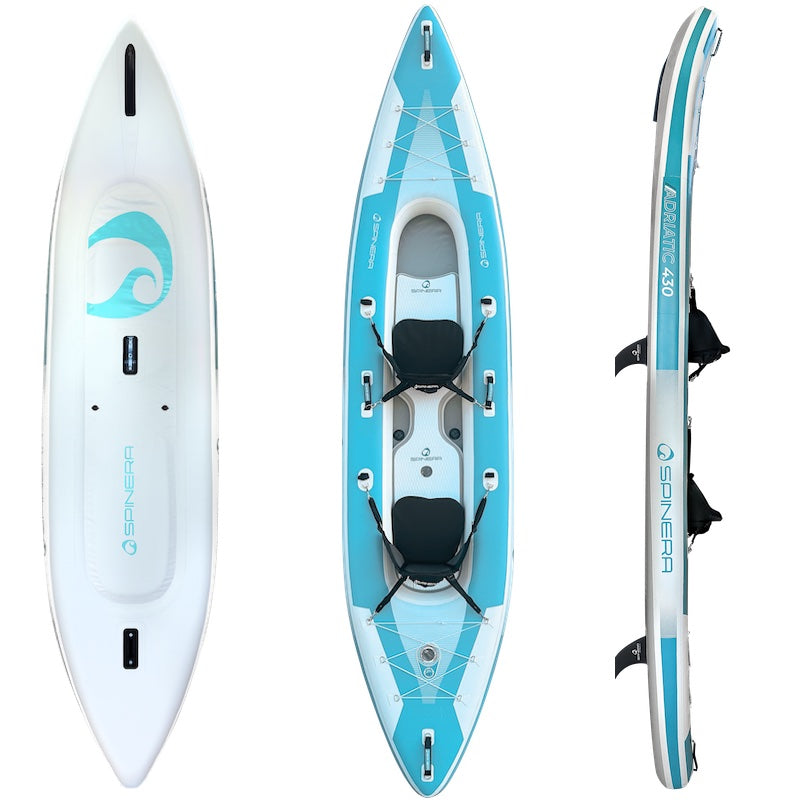 Aqua and white kayak with Spinera branding