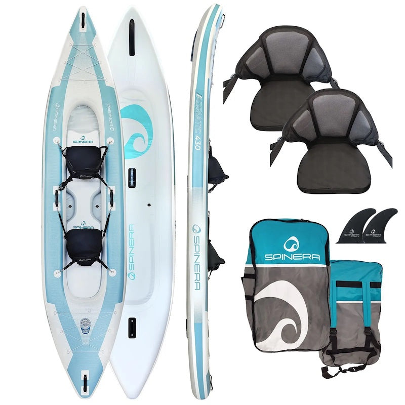 Inflatable kayak with accessories on a white background