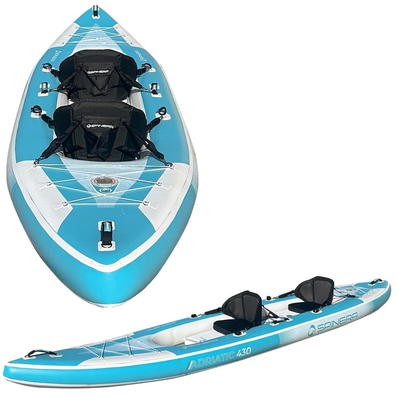 Two views of an aqua and white inflatable kayak with black seats on a white background.