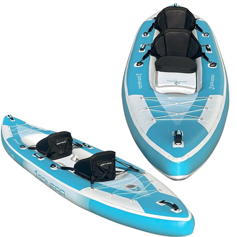 Inflatable kayak with a seat and paddle on a white background