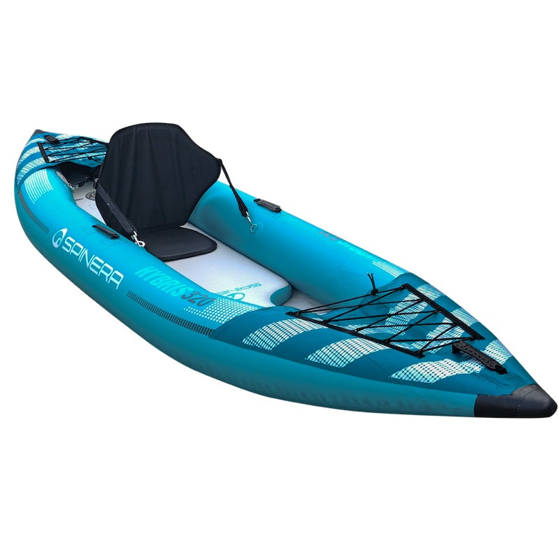 Spinera Hybris aqua inflatable kayak with black seat on a white background
