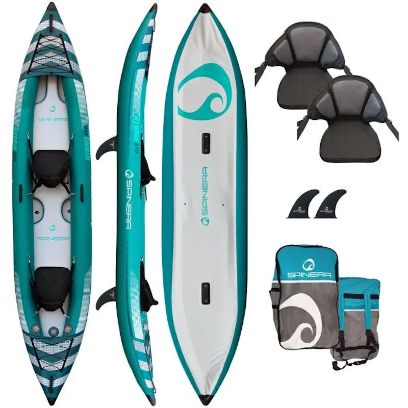 Collection of Spinera 2 person inflatable kayak, seats, and accessories on a white background