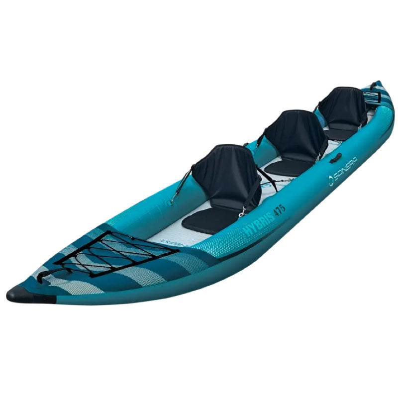 3 person aqua inflatable kayak with three seats on a white background