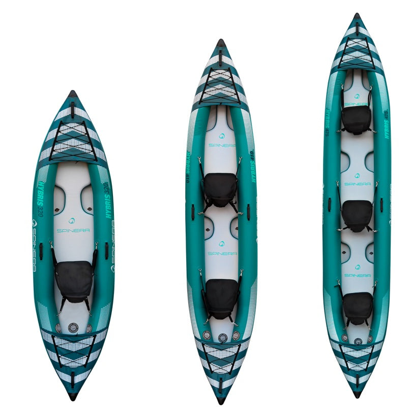 Spinera Hybris Inflatable kayaks shown from three angles on a white background