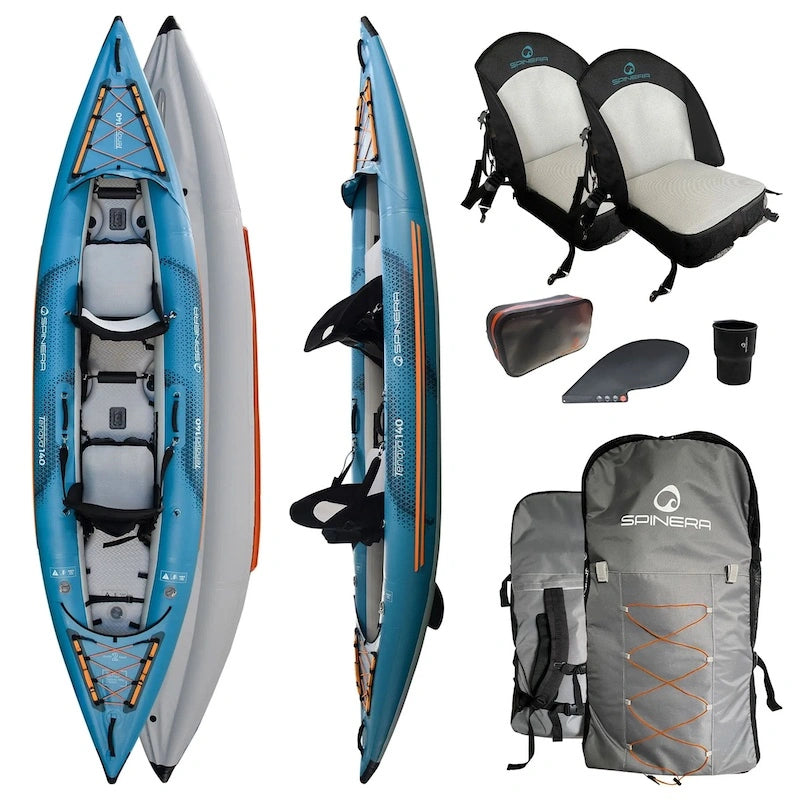 2 Person Tenaya Inflatable kayak with accessories including seats, a paddle, and backpacks on a white background