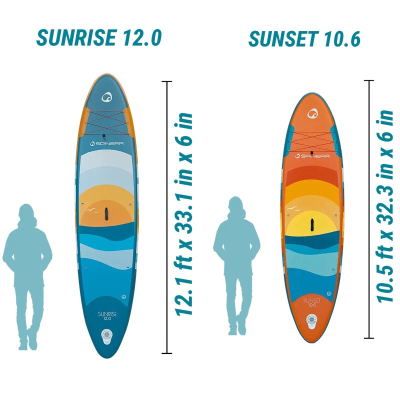 Two paddleboards, 'Sunrise 12.0' and 'Sunset 10.6', with dimensions and silhouette comparisons on a white background.