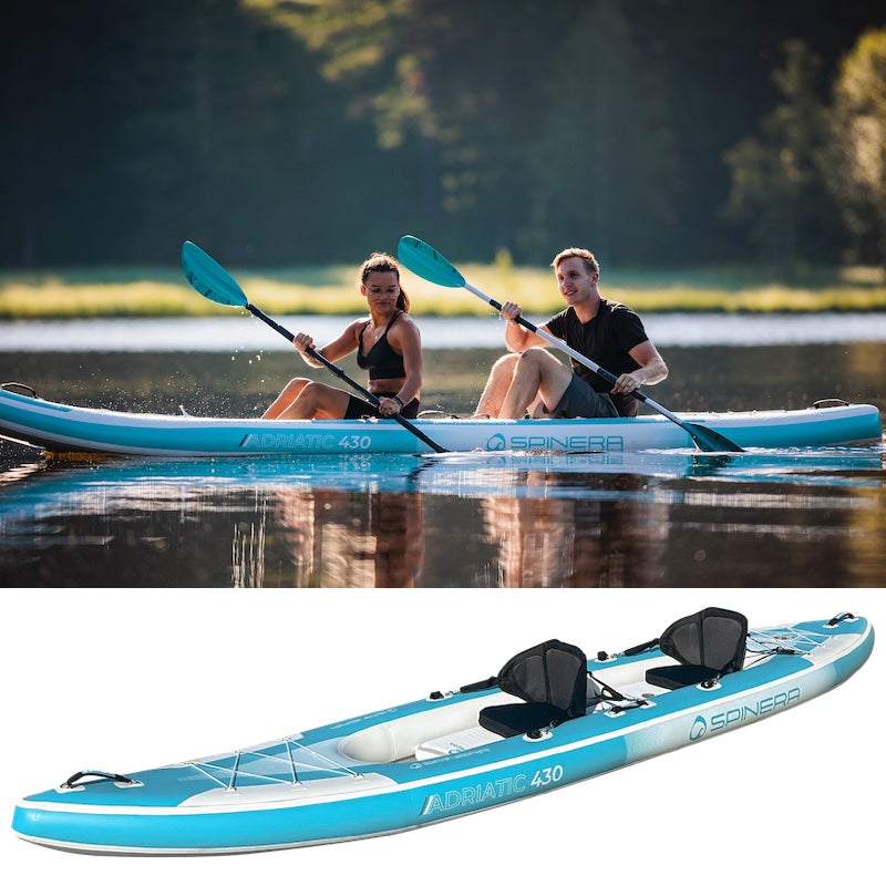 Two people paddling a blue kayak on water with a scenic background, followed by a close-up of the kayak.