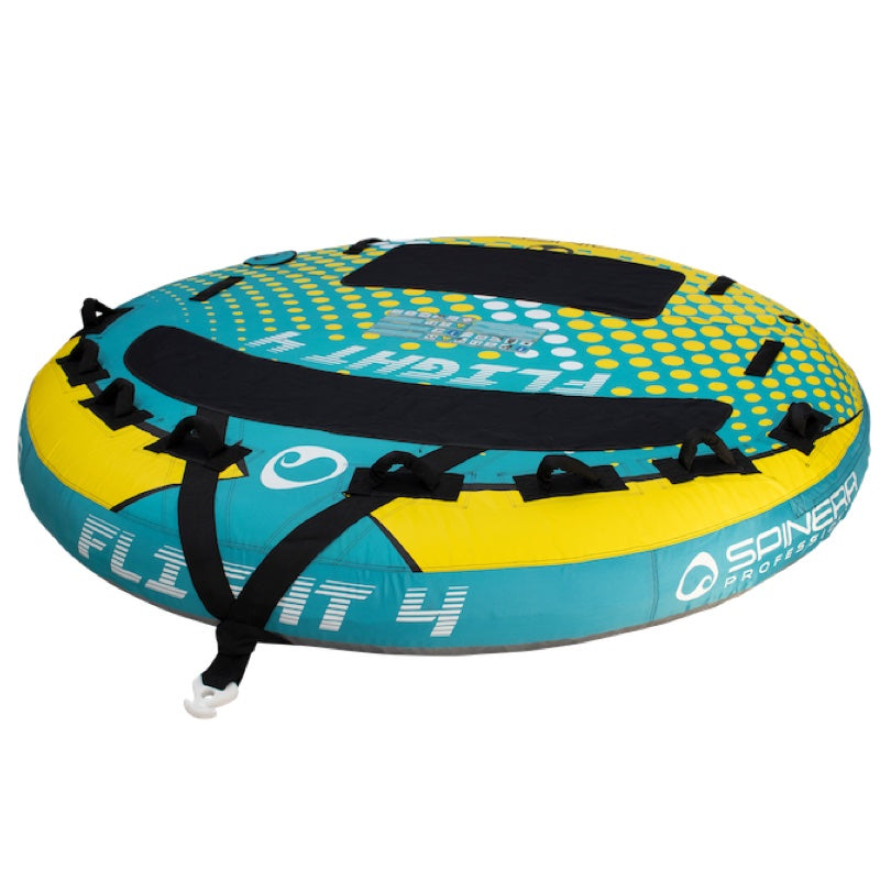 Turquoise and yellow Spinera boat tube with black straps on a white background