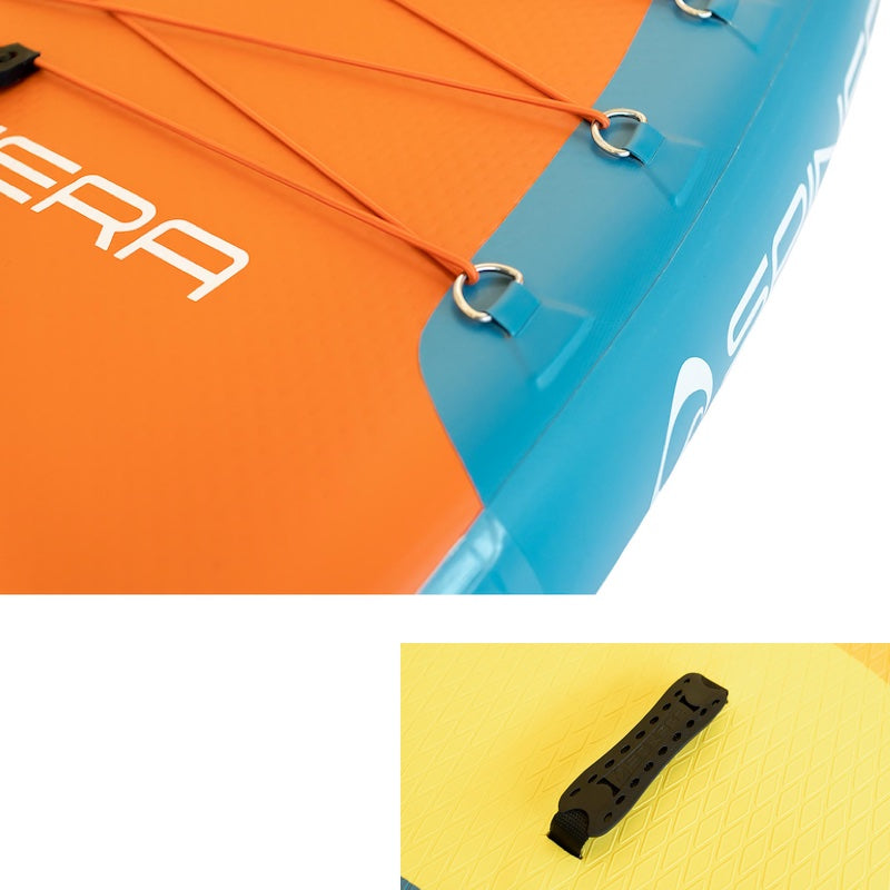 Close-up of a colorful inflatable paddleboards d rings and handle with visible branding on an orange and blue background.