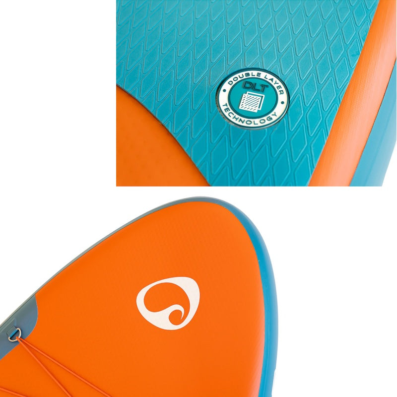Close-up of the nose of a blue and orange paddleboard with a brand logo on a white background. Double-layer technology is also highlighted in the upper portion of the image.