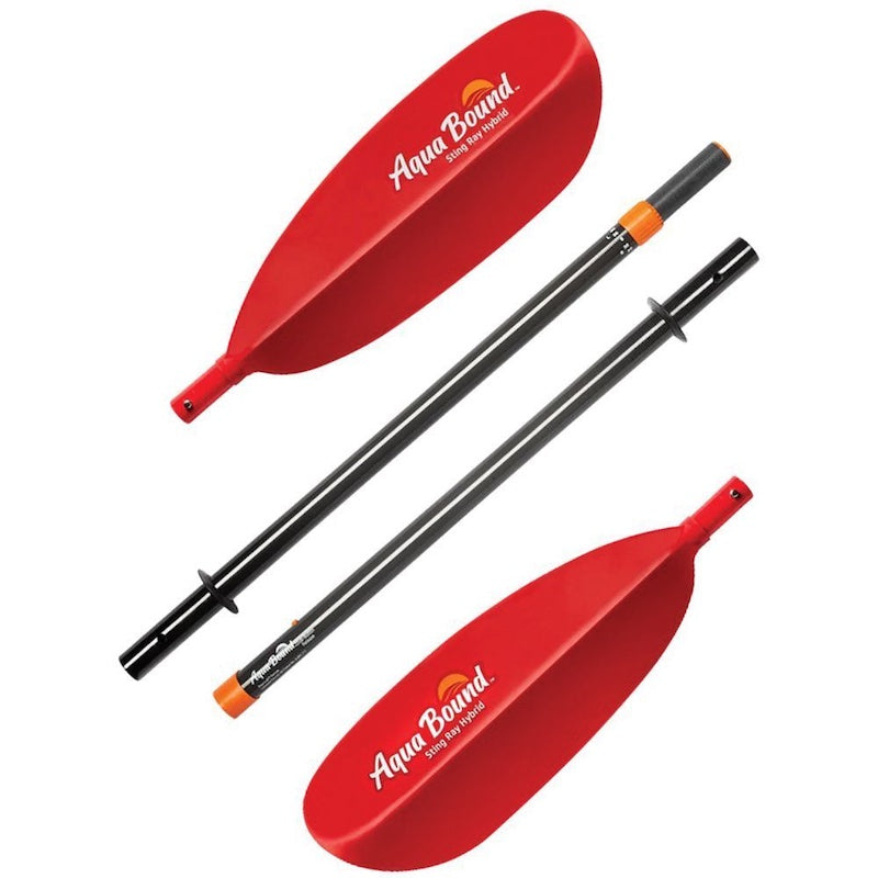 Two red kayak paddles with black shafts on a white background, featuring Aqua Bound branding.