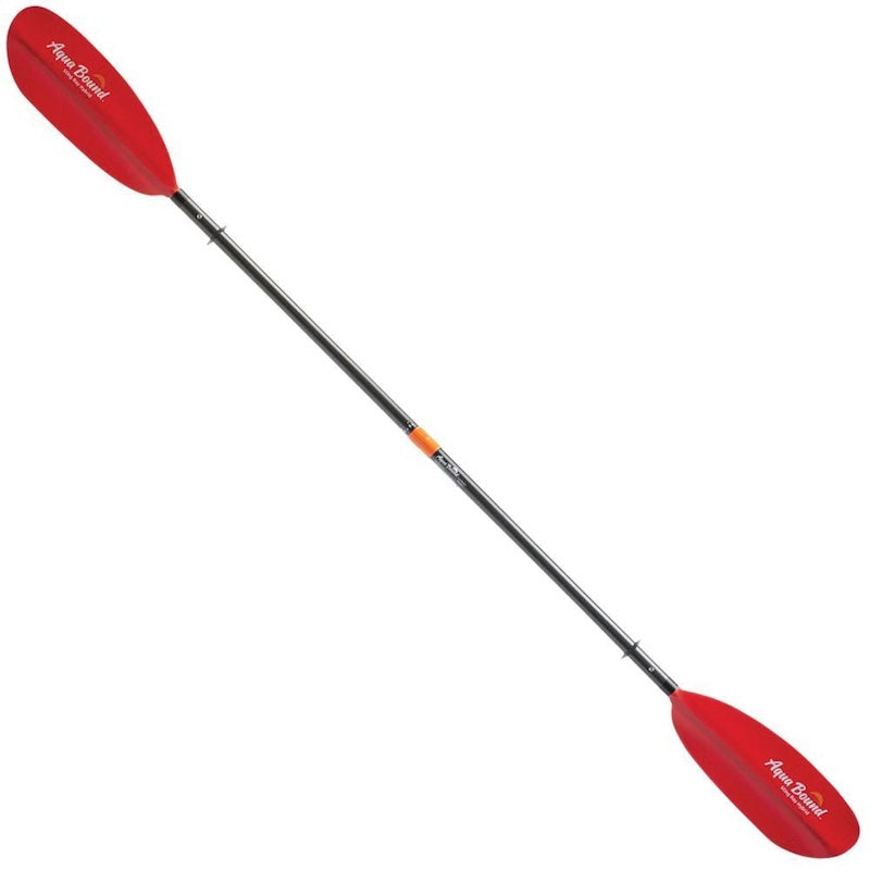 Red kayak paddle with black shaft on a white background