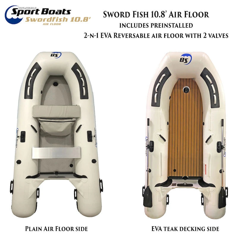 Inflatable boat with plain air floor and EVA teak decking side, featuring Sport Boats branding.