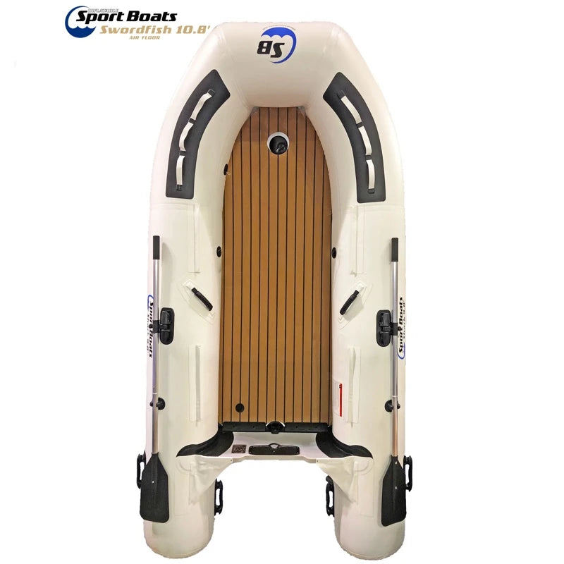 Inflatable boat with a EVA teak deaking on a white background, featuring Sport Boats branding.