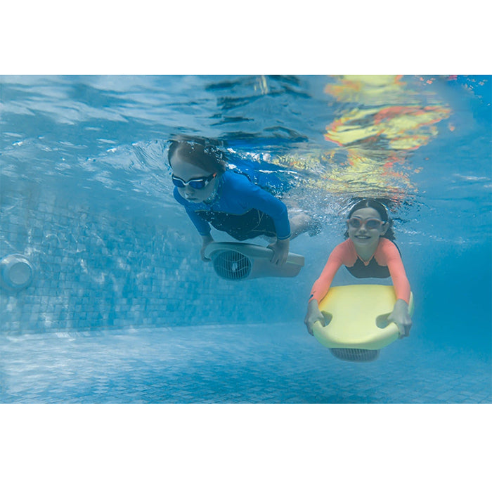 These are the green and yellow Asiwo Mako Electric Kickboard being held by two children swimming underwater in the pool.