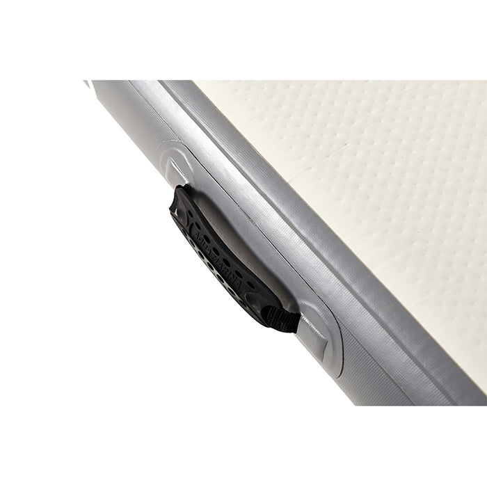 This is the Aqua Marina Island Air Platform side detail view of the handle with the brand name embossed.