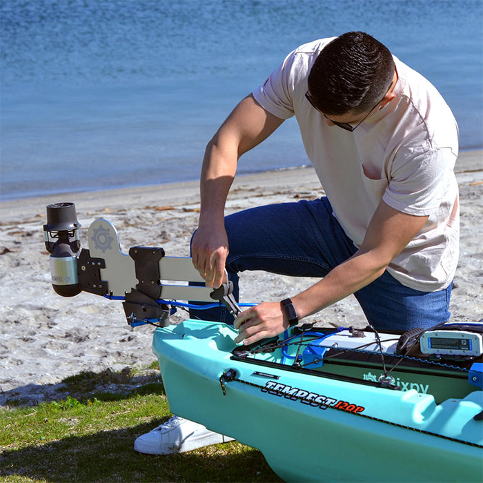 This is the Bixpy Versa Rudder with Pole Steering in in action being attached to the boat with a Bixpy motor attached to it as well.