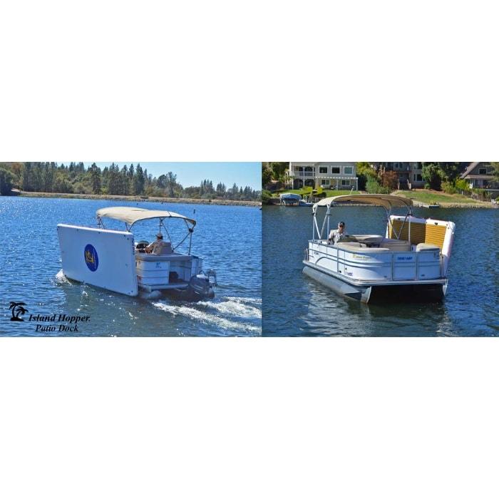 Island Hopper Patio Dock Floating Swim Platform is shown fully inflated and strapped to the side of a pontoon while it is driving down a lake. There are 2 images, one from the left side showing the bottom of the inflatable dock facing out. The second image is shown across the boat from the front angle. The inflatable patio docks tan eva foam non-slip surface is facing in.