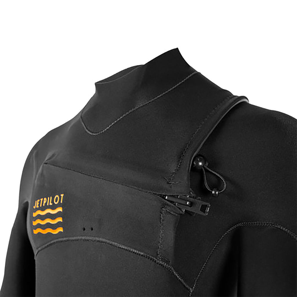 This is the closeup front view of the chest-zipped JetPilot L.R.E. Element 3-2 GBS Wetsuit topmost part facing the right side.