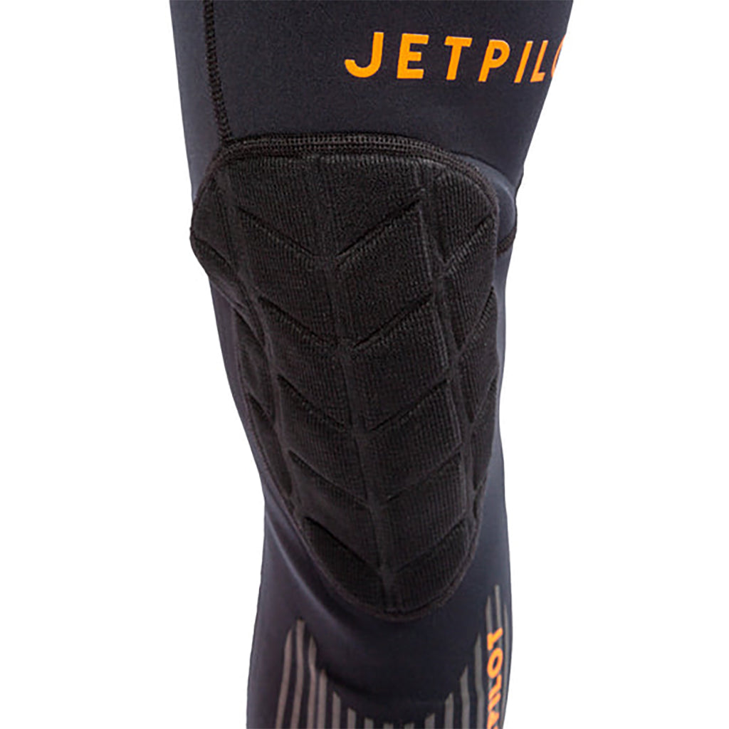 This is the closeup front view of the black isolated JetPilot L.R.E. Element 3-2 GBS Wetsuit topmost part facing the left side featuring the brand name and logo.