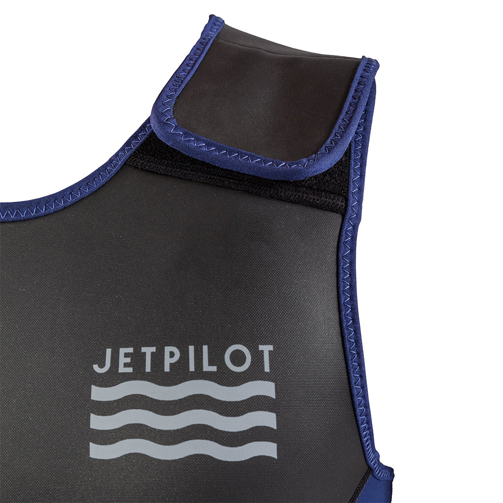 This is the closeup front view of the navy isolated JetPilot L.R.E. Element 3-2 GBS Wetsuit topmost part facing the left side featuring the brand name and logo.