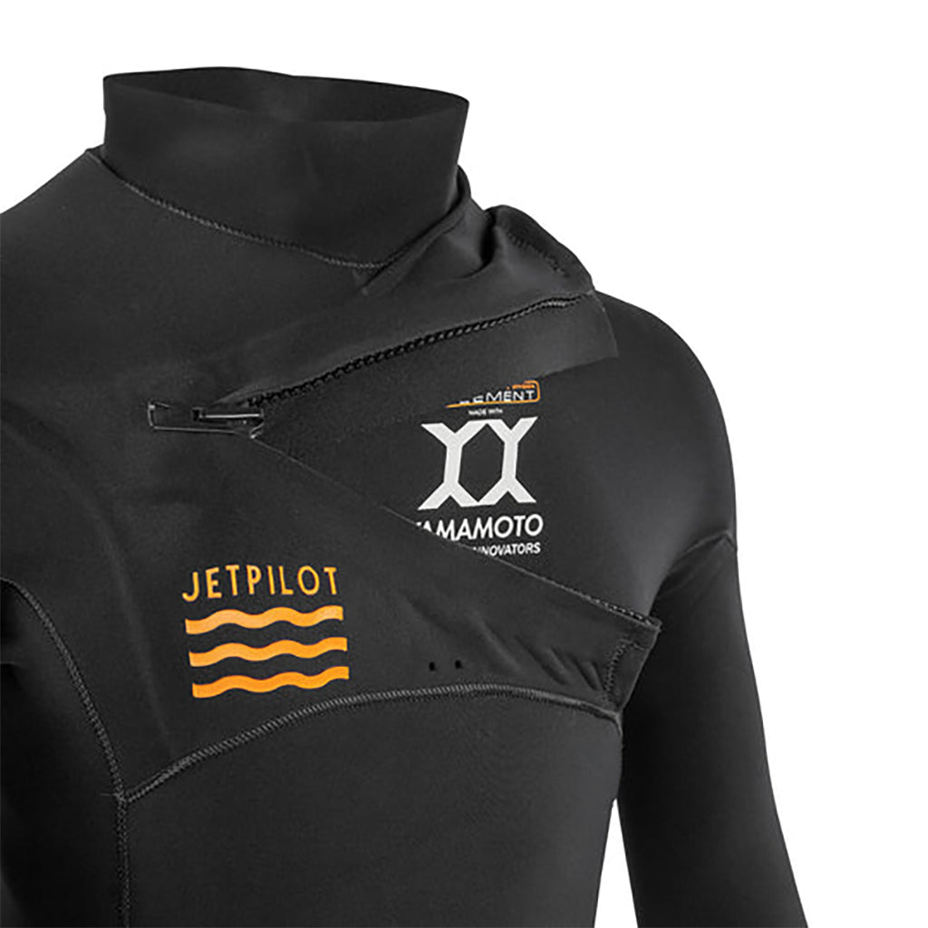 This is the closeup front view of the unzipped chest JetPilot L.R.E. Element 3-2 GBS Wetsuit topmost part facing the left side.