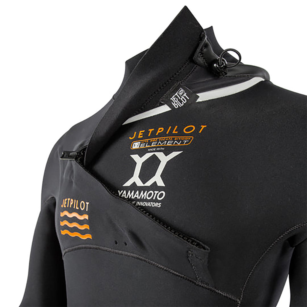 This is the closeup front view of the unzipped chest JetPilot L.R.E. Element 3-2 GBS Wetsuit topmost part facing the right side.