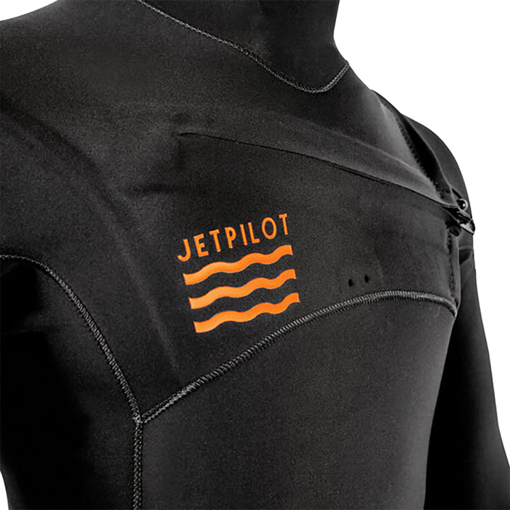This is the closeup front view of the zipped chest JetPilot L.R.E. Element 3-2 GBS Wetsuit topmost part facing the left side featuring the brand name and logo in neon orange.