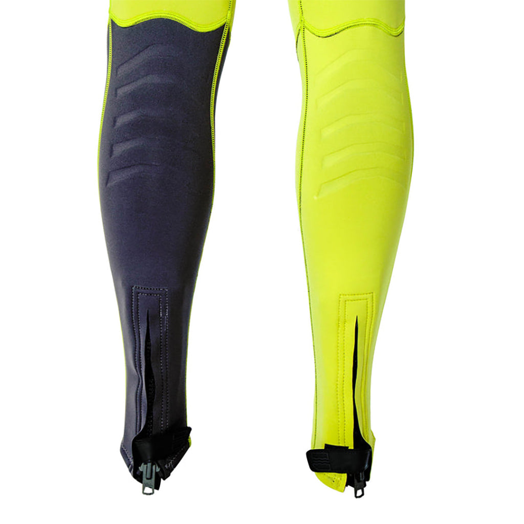 This is the full back view of the neon-yellow JetPilot Vintage Class John Wetsuit bottom part.