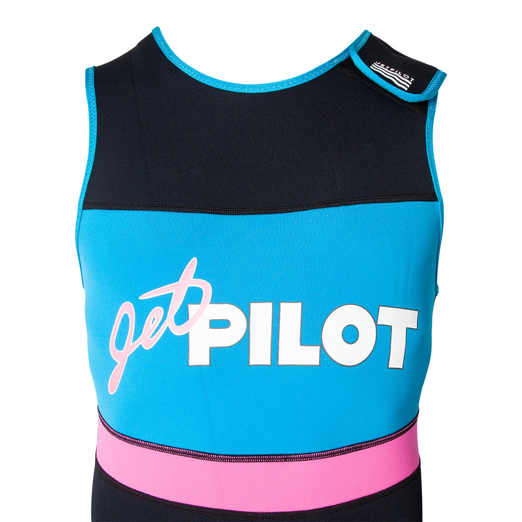 This is the full closeup view of the black-pink JetPilot Vintage Class John Wetsuit top part.