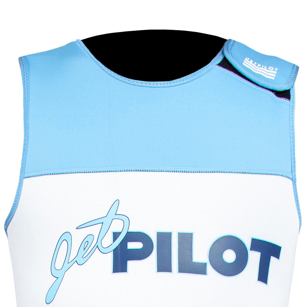 This is the full closeup view of the blue-white JetPilot Vintage Class John Wetsuit top part.